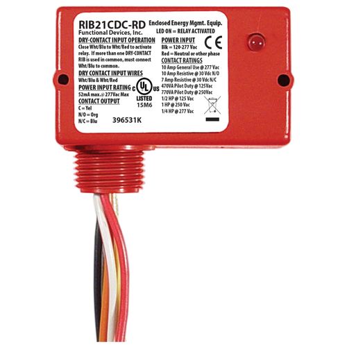 Main product image of Enclosed Dry Contact Relay, 10A SPDT, Class 2 Dry Contact Input, 120-277 Vac Power Input Coil, Red Housing