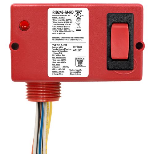 Main product image of Enclosed Polarized Relay, 10A SPST-N/C + Override w/ 24 Vac/DC Coil, Red Housing