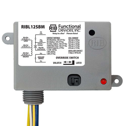 Main product image of Enclosed Mechanically Latching Relay, 20A SPST + True Override w/ 12 Vac/DC Coil, Status LED, Auxiliary Output, NEMA 1 Housing