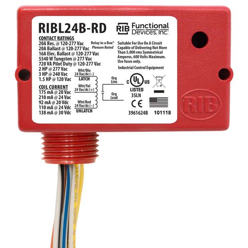 Main product image of Enclosed Mechanically Latching Relay, 20A SPST w/ 24 Vac/DC Coil, Red Housing