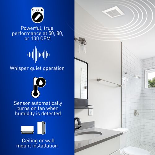 Main product image of Panasonic WhisperValue Ceiling/Wall Mount Bathroom Exhaust Fan with Humidity Sensor, 50-80-100 CFM, FV-0510VSC1