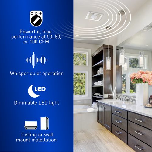 Main product image of Panasonic WhisperValue Ceiling/Wall Mount Bathroom Exhaust Fan with Dimmable LED Light, 50-80-100 CFM, FV-0510VSL1