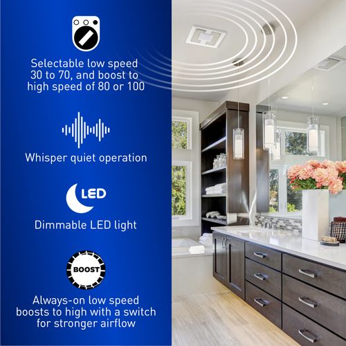 Main product image of Panasonic WhisperValue Ceiling/Wall Mount Dual Speed Bathroom Exhaust Fan with LED Light, 30 to 100 CFM, FV-0810VSSL1