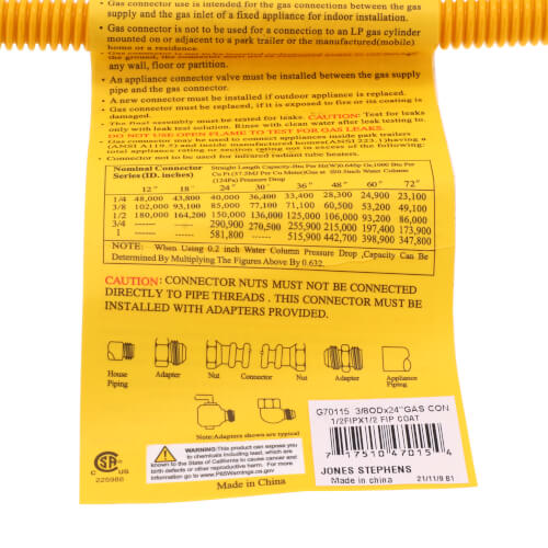 1/4" ID (3/8" OD) Yellow Coated Stainless Steel Gas Connector w/ 1/2" FIP x 1/2" FIP Fittings (24" Length)
