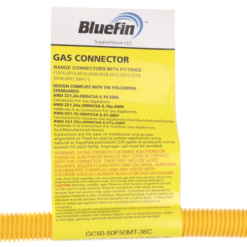 Main product image of 1/2" ID (5/8" OD) Coated Stainless Steel Gas Connector w/ 1/2" FIP x MIP, 3/8" FIP Tap (36" Length)