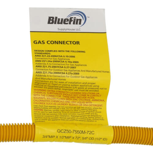 1/2" ID (5/8" OD) Coated Stainless Steel Gas Connector w/ 3/4" x 1/2" MIP Fittings (72" Length)