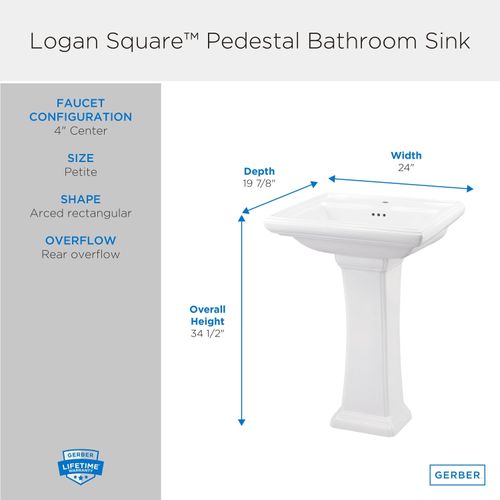 Main product image of Logan Square Petite Pedestal Bathroom Sink Top 24.25"x20.13" 4"CC, Pedestal Not Included (White), G0012555