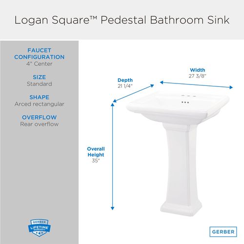 Main product image of Logan Square Standard Pedestal Bathroom Sink Top 27.38"x21.25" 4"CC, Pedestal Not Included (White), G0012585