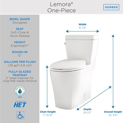 Main product image of Lemora 1.28gpf 12" Rough-In One-Piece Elongated ErgoHeight Toilet (White), G0021021
