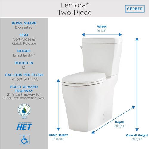 Main product image of Lemora 1.28gpf 12" Rough-In 2-Piece Elongated ErgoHeight Toilet, Toilet Bowl Only (White), G0021197