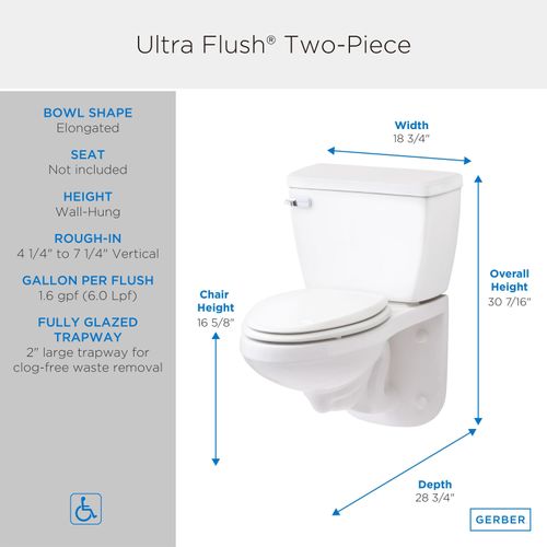 Main product image of Ultra Flush 1.6gpf Toilet Tank 12" Rough-in for Wall Hung Back Outlet Bowl GHE21370, Tank Only (White), G0028370