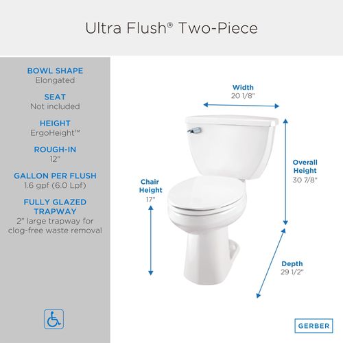Main product image of Ultra Flush 1.6gpf Toilet Tank 12" Rough-in, Tank Only (White), G0028380