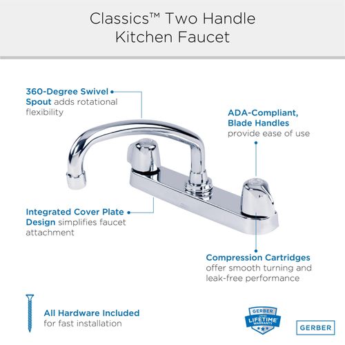 Main product image of Classics 2 Handle Cover Plate Mounted Kitchen Faucet w/ Metal Handles and Tubular Swing Spout (Chrome), G0042426