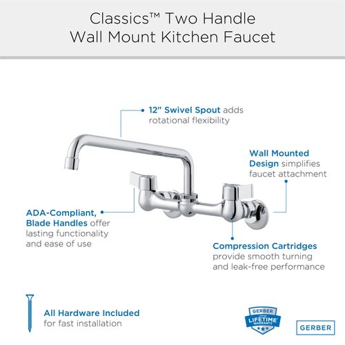 Main product image of Classics 2 Handle Wall Mount Kitchen Faucet w/ Metal Handles and 12" Swing Spout (Chrome), G0042630