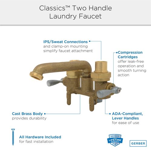 Main product image of Classics 2 Handle Clamp On Laundry Faucet w/ Metal Lever Handles and IPS/Sweat Connections (Rough Brass), G0049535