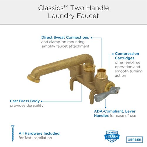 Main product image of Classics 2 Handle Clamp On Laundry Faucet w/ Metal Lever Handles and Direct Sweat Connections (Rough Brass), G0049536