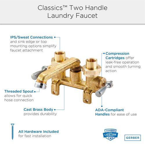 Main product image of Classics 2 Handle Laundry Faucet w/ Metal Lever Handles, Threaded Legs, IPS/Sweat Connections, and Threaded Spout (Rough Brass), G0049540