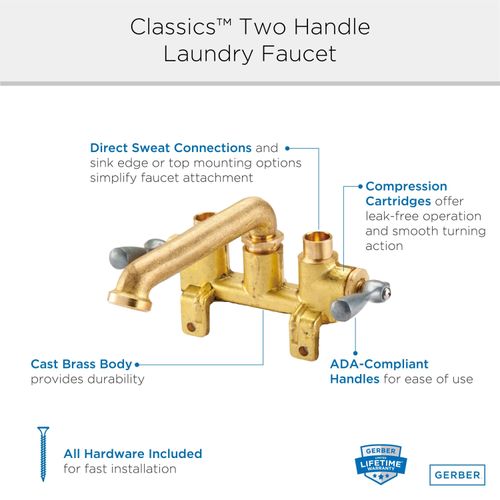 Main product image of Classics 2 Handle Laundry Faucet w/ Metal Lever Handles, Threaded Legs, and Direct Sweat Connections (Rough Brass), G0049556