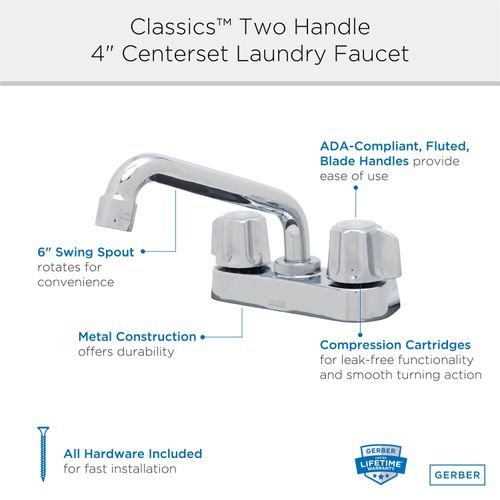 Main product image of Classics 2 Handle Centerset Laundry Faucet w/ Metal Fluted Handles and 6" Swing Spout (Chrome), G0749244
