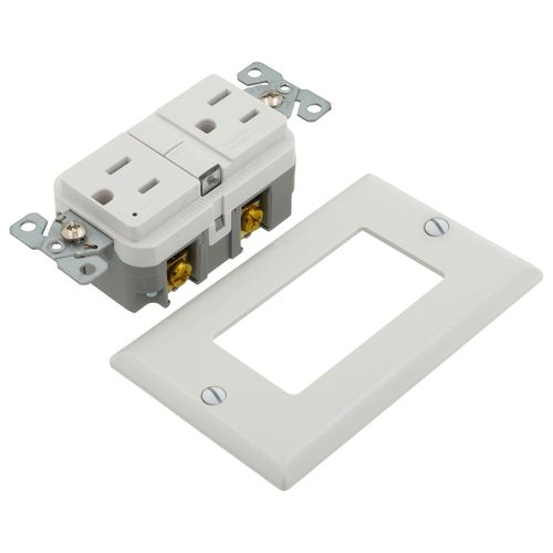 Main product image of Self-Test GFCI Duplex Receptacle w/ Wallplate, 15A, Slim, 5-15R, Back & Side Wire - 125V (White)