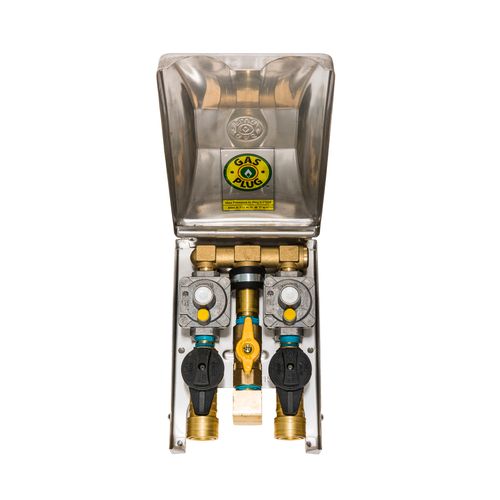 Main product image of Double Gas Plug with 1/2" Rear NPT Inlet x 2 x 3/8" Quick Disconnect Outlets, 2 PSI