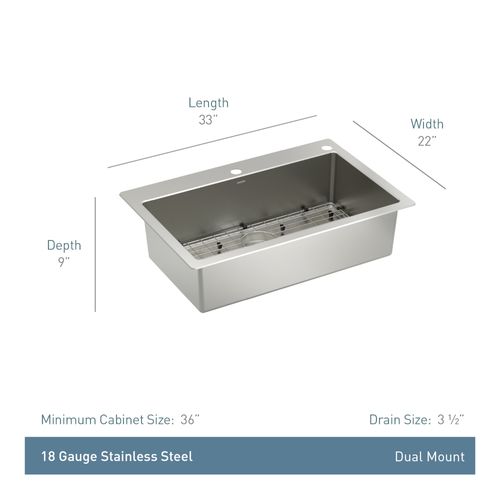 Main product image of 1800 Series 33" X 22" Stainless Steel 18 Gauge Single Bowl Dual Mount Sink, GS181012BUX