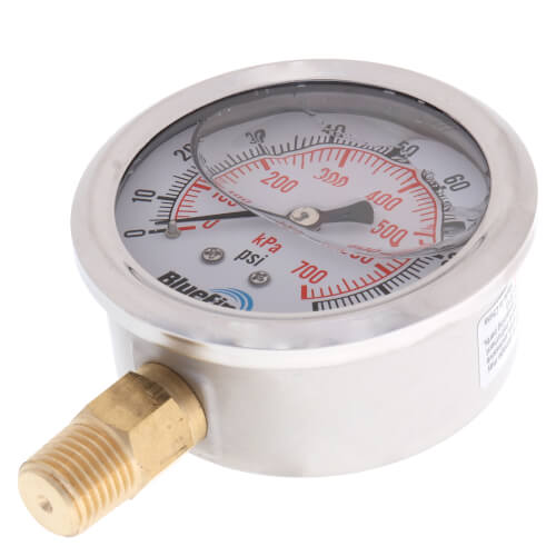 Main product image of 2.5" Stainless Steel Liquid Filled Gauge, Bottom Mount, w/ Brass Internals (0-100 PSI)