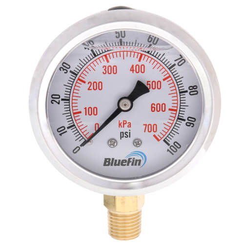 Main product image of 2.5" Stainless Steel Liquid Filled Gauge, Bottom Mount, w/ Brass Internals (0-100 PSI)