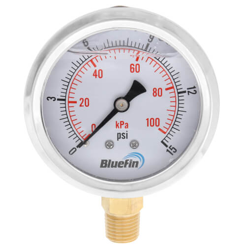 Main product image of 2.5" Stainless Steel Liquid Filled Gauge, Bottom Mount, w/ Brass Internals (0-15 PSI)
