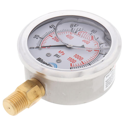 Main product image of 2.5" Stainless Steel Liquid Filled Gauge, Bottom Mount, w/ Brass Internals (0-160 PSI)