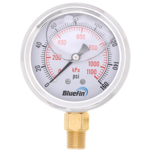 Main product image of 2.5" Stainless Steel Liquid Filled Gauge, Bottom Mount, w/ Brass Internals (0-160 PSI)