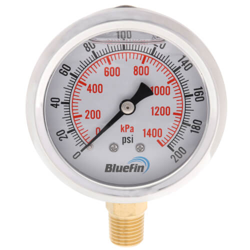 Main product image of 2.5" Stainless Steel Liquid Filled Gauge, Bottom Mount, w/ Brass Internals (0-200 PSI)