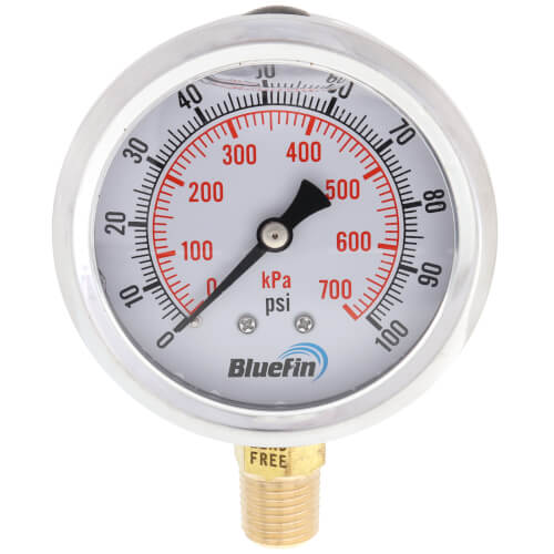 Main product image of 2.5" Stainless Steel Liquid Filled Gauge, Bottom Mount, w/ Brass Internals - Lead Free (0-100 PSI)