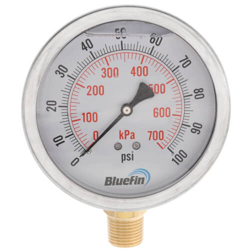Main product image of 4" Stainless Steel Dual Scale Liquid Filled Gauge, Bottom Mount (0-100 PSI)