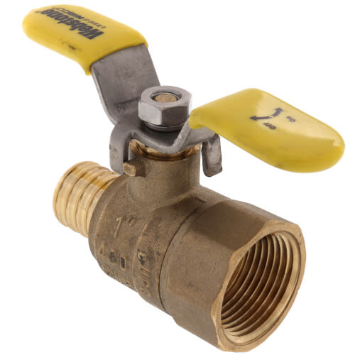 Main product image of 1" PEX Crimp x FNPT Brass Ball Valve w/ Stainless Steel Wing Style "T" Handle & Adjustable Packing Gland