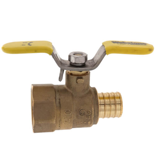 Main product image of 1" PEX Crimp x FNPT Brass Ball Valve w/ Stainless Steel Wing Style "T" Handle & Adjustable Packing Gland