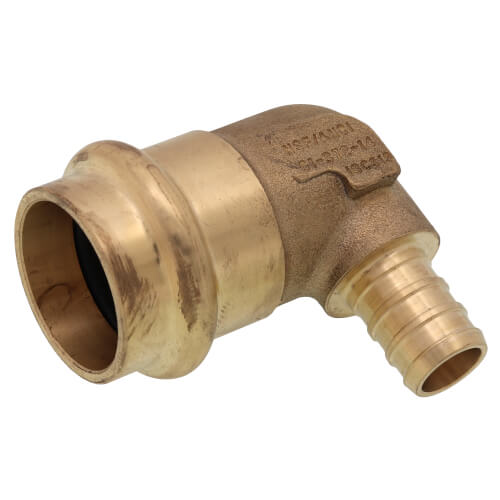 1" x 3/4" PEX Crimp x Copper Press Brass Transition Elbow w/ Copper Tube Stiffener, For Use with Baseboard (Lead Free)