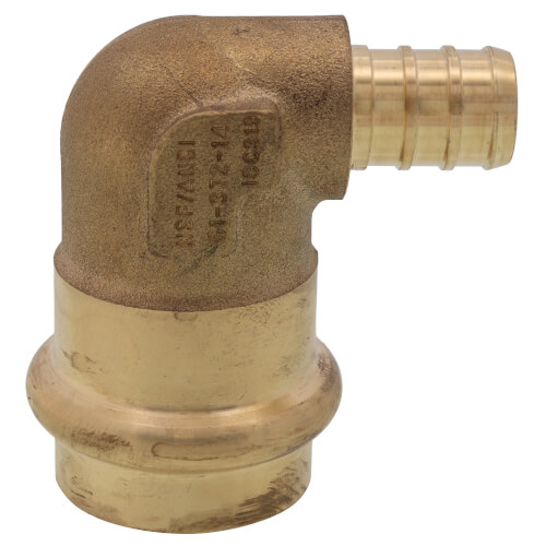 1" x 3/4" PEX Crimp x Copper Press Brass Transition Elbow w/ Copper Tube Stiffener, For Use with Baseboard (Lead Free)