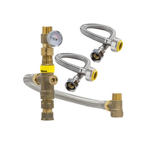 Main product image of 3/4" MNPT x FNPT Water Heater Tempering Valve Installation Kit (26033W-18 Connectors) w/ Temperature Gauge