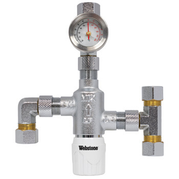 Main product image of 3/8" Compression Chrome Plated Thermostatic Mixing Valve w/ Check Valve, Fittings, and Gauge (Lead Free)