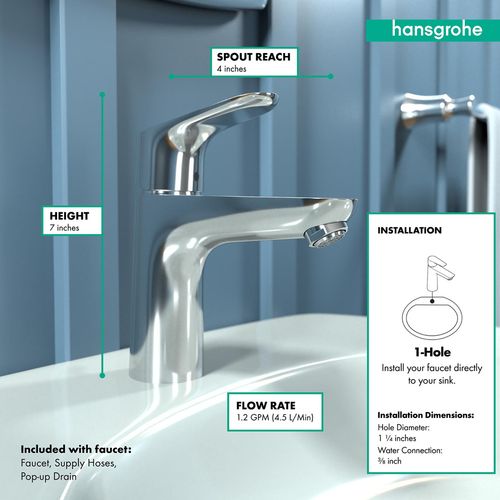 Main product image of Focus Single-Hole Bathroom Faucet 100 with Pop-Up Drain, 1.2 GPM (Chrome), 04371000