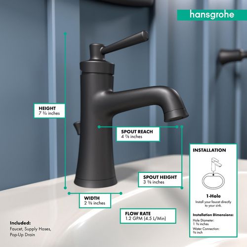 Main product image of Joleena Single-Hole Bathroom Faucet 100 with Pop-Up Drain, 1.2 GPM (Matte Black), 04771670