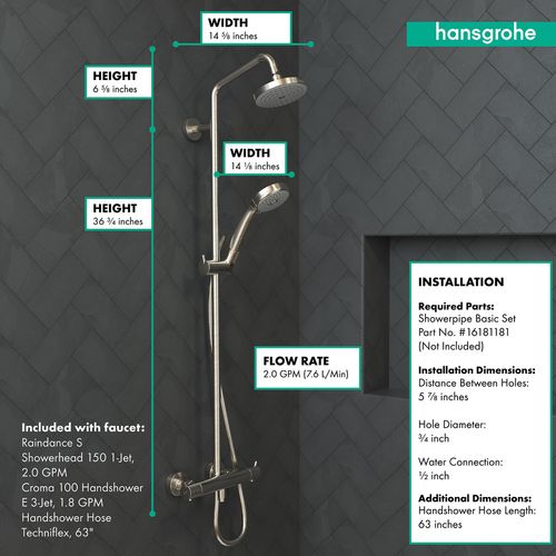Main product image of Croma Showerpipe 150 1-Jet, 2.0 GPM (Brushed Nickel), 27169821