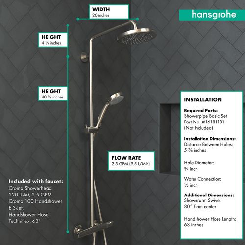 Main product image of Croma Showerpipe 220 1-Jet, 2.5 GPM (Brushed Nickel), 27185821