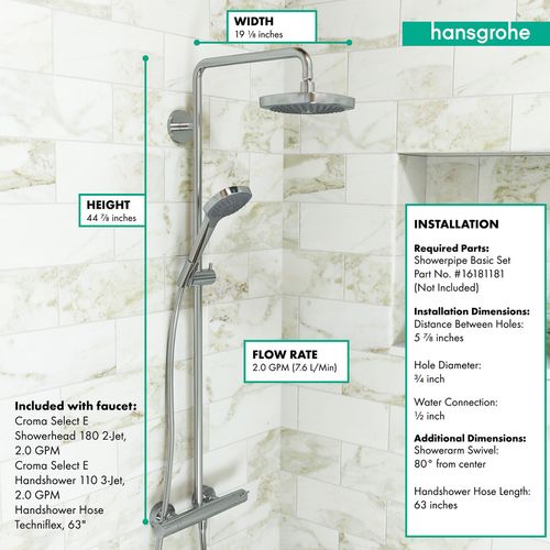 Main product image of Croma Select E Showerpipe 180 2-Jet, 2.0 GPM (Chrome), 27257001
