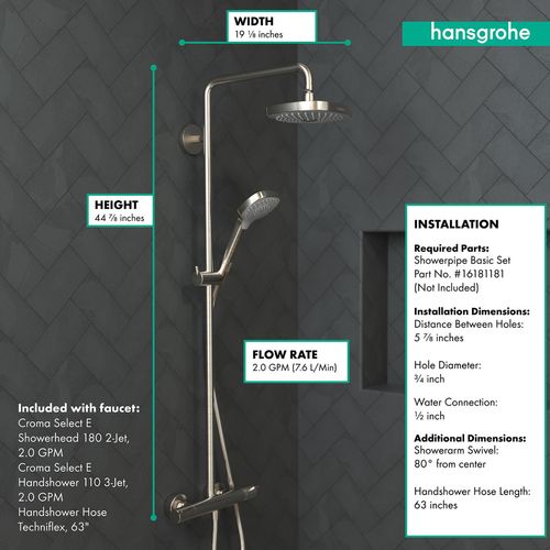 Main product image of Croma Select E Showerpipe 180 2-Jet, 2.0 GPM (Brushed Nickel), 27257821