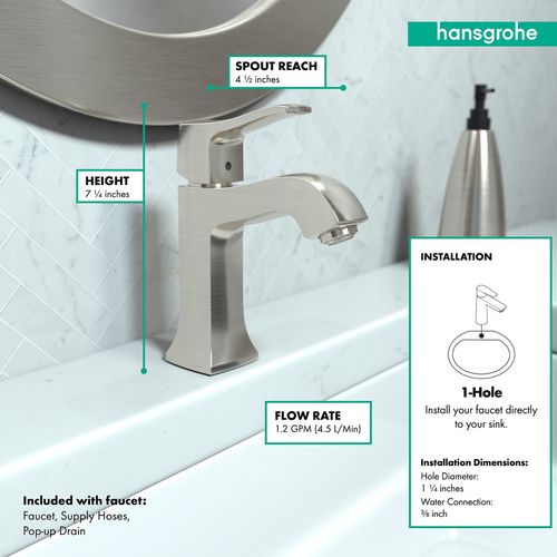 Main product image of Metris C Single-Hole Bathroom Faucet 100 with Pop-Up Drain, 1.2 GPM (Brushed Nickel), 31075821
