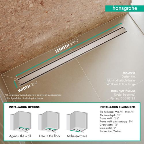Main product image of RainDrain Match Trim Zero/ Tile 23-5/8" with Height Adjustable Frame (Brushed Stainless Steel), 56036801