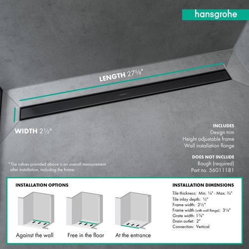 Main product image of RainDrain Match Trim Zero/ Tile 27-5/8" with Height Adjustable Frame (Matte Black), 56037671