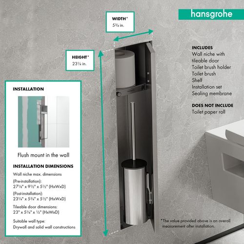 Main product image of XtraStoris Rock Recessed Toilet Brush Holder with Shelf & Tileable Door (Brushed Stainless Steel), 56060800